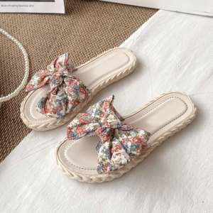 Sandalias de Playa Casuales para Mujer, Estilo Espadrille, Color Crema, con Lazo de Tela Floral, Correa <span class=keywords><strong>Transparente</strong></span>, Suela con Textura de Cuerda, Punta Abierta y Plana - Product Image 2