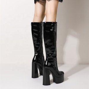 2022 Women Western Winter Autumn Platform Knee High Boots Big Size Patent Leather Block Heel <b>Shoes</b> - Product Image 4