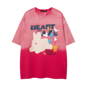 Camiseta de Manga Corta de Algodón 100% de 320g, Estilo Hip Hop, con Diseño de Conejo de Dibujos Animados, Lavado Ácido, Transpirable, Talla Grande, Color Rosa Degradado - Product Image 1