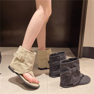 Femmes toile flip-top bottines 2025 été nouveau Style évidé Denim plat bout ouvert bottes au genou - Product Image 1