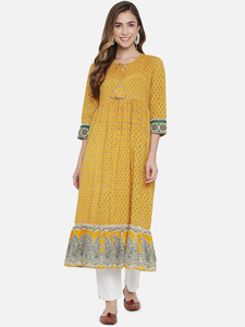 Vestido Maxi de Algodón Boho Amarillo con Estampado a Mano y Bordado, con Dobladillo Acampanado, Manga Tres Cuartos, Corte Holgado, Vestido Casual de Verano - Product Image 1