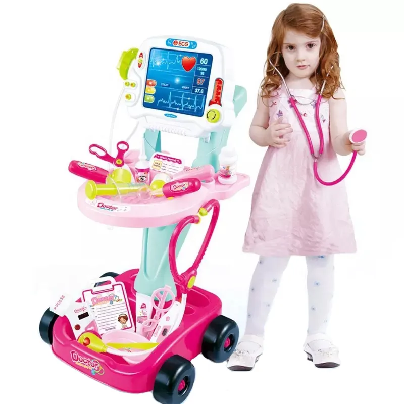Other Educational Preschool Pretend Play Medical Sets Pink Red Doctor Cart Kit Doctor Trolley Toy for Girls