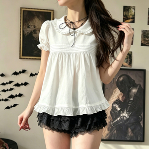 Blusa Linda y Dulce Estilo Babydoll de Manga Corta con Cuello Camisero, Corte Holgado, Cintura Alta y Color Sólido para Mujer - Product Image 4