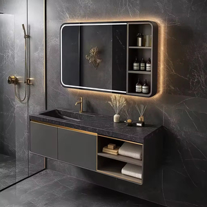 Mueble de baño negro con espejo lateral, lavabo de placa de roca y cuerpo de mueble multi-espacio - Product Image 1