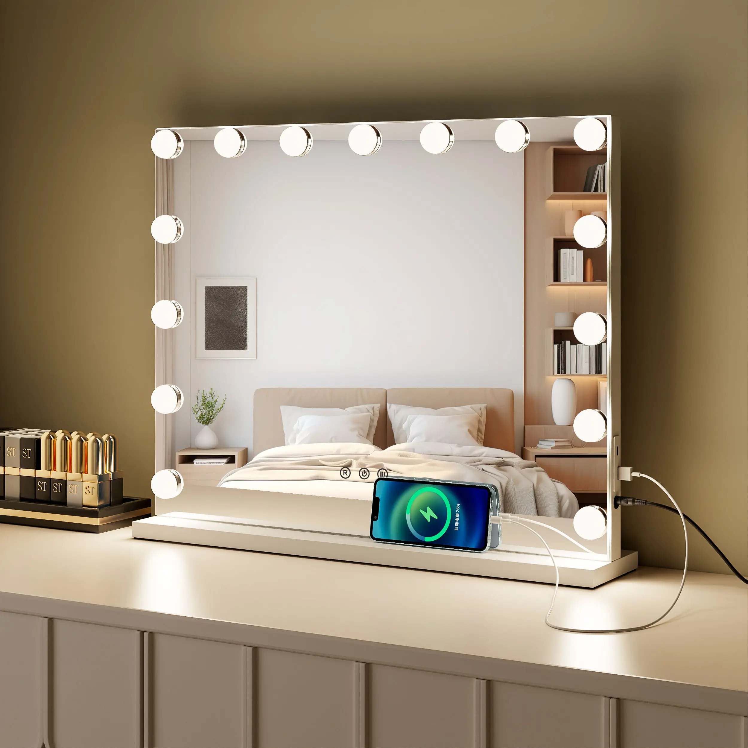 LOGOTIPO personalizado de estilo Hollywood 58x46cm con espejo de luz LED Espejo de maquillaje de tocador de mesa cosmético de Hollywood