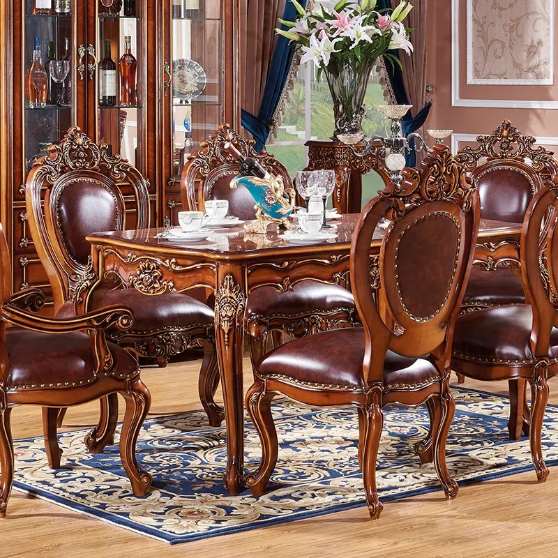 Conjunto de mesa de comedor italiana de madera sólida larga con sillas