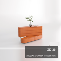 Meuble de toilette îlot en cuir microfibre orange brûlé, avec 4 tiroirs, forme de stade et pieds coniques dorés