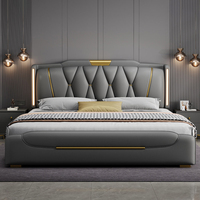 Lit en cuir gris haut de gamme italien, lit king-size moderne avec rangement luxueux, cadre de lit minimaliste en bois éclairé, ensemble de lit queen-size