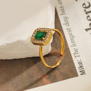 Open <b>Ring</b> Square Green Zircon Pave Setting 18k Gold Plated <b>Titanium</b> Steel Women's Party Jewelry - Product Image 3