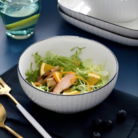 Ensemble de bols et d'assiettes en céramique et porcelaine, sans BPA, écologiques, résistants à la chaleur, durables, étanches, blancs avec bord noir, pour hôtel, restaurant, salle à manger