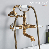 Robinet de baignoire mural STOCCO en laiton antique avec poignée en céramique, mitigeur de douche vintage avec douchette téléphonique pour salle de bain et hôtel
