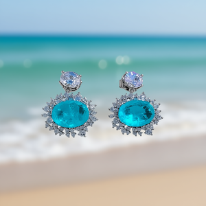 Orecchini pendenti E999 blu mare da donna, in lega, con fiore, gioielli da festa, stile romantico, taglio rotondo brillante, montatura a griffe - Product Image 2