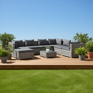 Ensemble de salon de jardin en polyrotin gris 8 pièces avec coussins, mobilier d'extérieur au design contemporain et moderne - Product Image 2