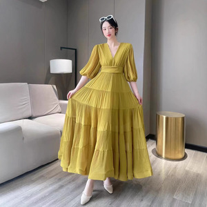 Abito Estivo Vintage Elegante da Donna in Chiffon Plissettato con Scollo a V Sovrapposto e Vita Alta, Antistatico, per Vacanze al Mare - Product Image 4