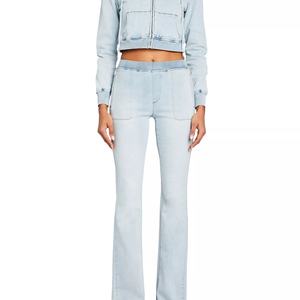 Hoodie en jean court zippé personnalisé pour filles, coupe slim, en molleton bouclette vintage, coton côtelé, style streetwear, survêtement - Product Image 3