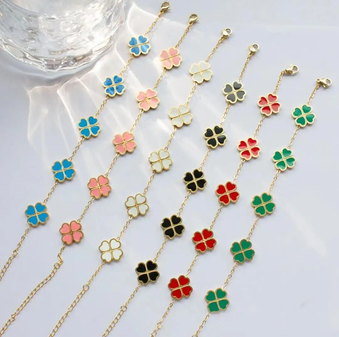 Color Enamel Double Sided lucky Non Tarnish Waterproof 18K Gold Plated stainless Steel Four 4 Leaf Clover Bracelet For Women