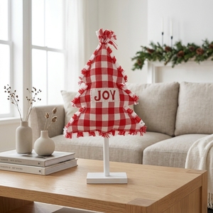Décor de Noël JOY en bois à carreaux rouges, style ferme, avec franges, pour table, <span class=keywords><strong>arbre</strong></span> de Noël, panneau de fête - Product Image 2