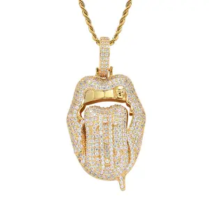 Rapper Sieraden Open Gouden Mond Tand Schedel Tong Charm Ketting Hip Hop Iced Out Zirconia Mond Tong Hanger Ketting
