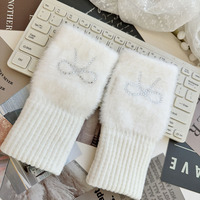 Gants mi-doigts en peluche tricotée avec motif ours mignon, manchette en peluche, chauds pour l'hiver, parfaits pour l'écriture, le bureau et les études