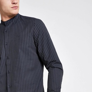 Siqin OEM Manufacturer Latest Designs <strong>Men</strong> Navy Pinstripe <strong>Grandad</strong> Collar Slim Fit Long Sleeve Cotton <strong>Shirt</strong> - Product Image 4