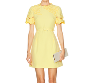 Vestido Midi Amarillo de Verano para Mujer, Elegante, Bordado, Hueco, Manga Corta, Cintura Ajustada, Línea A, Formal, Casual, para Fiesta, con Bolsillos, para Todo el Cuerpo
