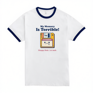 Camiseta con diseño de disquete de 3.5 pulgadas, estilo Ringer blanco, con la frase 'My Memory Is Terrible' - Product Image 2