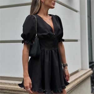 Verano <span class=keywords><strong>francés</strong></span> Puff favorecedor negro Smocked cintura Sexy Mini vestido vacaciones batas Dcontractes sitio web para vestido vestidos de mujer - Product Image 3