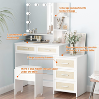 Bureau de vanité Boho en rotin avec miroir et lumières, ensemble de vanité de maquillage de chambre à coucher avec vanités de table de chevet pour les chambres à coucher