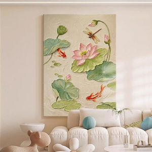 Creamy Lotus And Koi Fish Hand Painted Oil Painting Large Scale Decorative Art For Living Room Dining Room Entrance Hall - Product Image 1