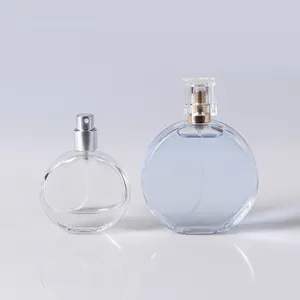 Luxury 50ml Transparent Empty Perfume Bottle Flat Round Perfume Glass Bottle With Spray