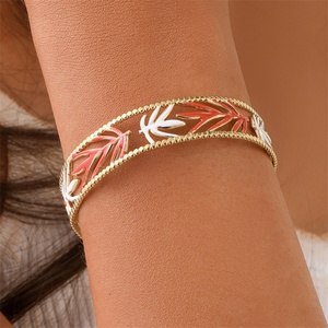 Vintage Personalized Jewelry Gold Plated Stainless Steel Hollow Colorful Enamel Leaf <b>Bangle</b> <b>Bracelet</b> - Product Image 6