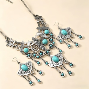 Conjunto de Collar <span class=keywords><strong>y</strong></span> Pendientes de Borlas Plateados en Aleación Estilo Bohemio Vintage para Mujer, Joyería Tribal para Bodas <span class=keywords><strong>y</strong></span> Fiestas - Product Image 5