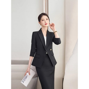 Women's Suit Set Black Jacket And Skirt Two Piece Office Lady Workwear Anti Wrinkle Worsted Fabric Commute Style - Product Image 4