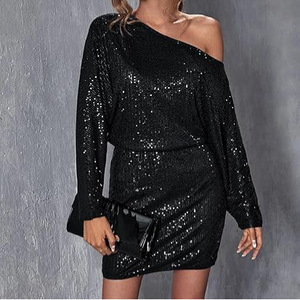 One Shoulder Sequined <b>Dress</b> <b>Gold</b> Plus Size Cocktail <b>Party</b> Wear Long Sleeve Loose Fit - Product Image 3