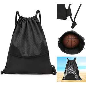 Custom Logo Large Capacity Waterproof Gym Black Blank 420D Polyester Sport <b>Drawstring</b> <b>Backpack</b> Bag with Pocket - Product Image 2