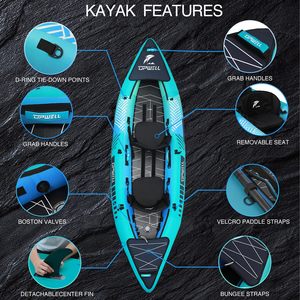 Kayak inflable Upwell para 2 personas, color azul aurora, con asiento doble, remo, bomba y bolsa de transporte para pesca y recreación. - Product Image 2