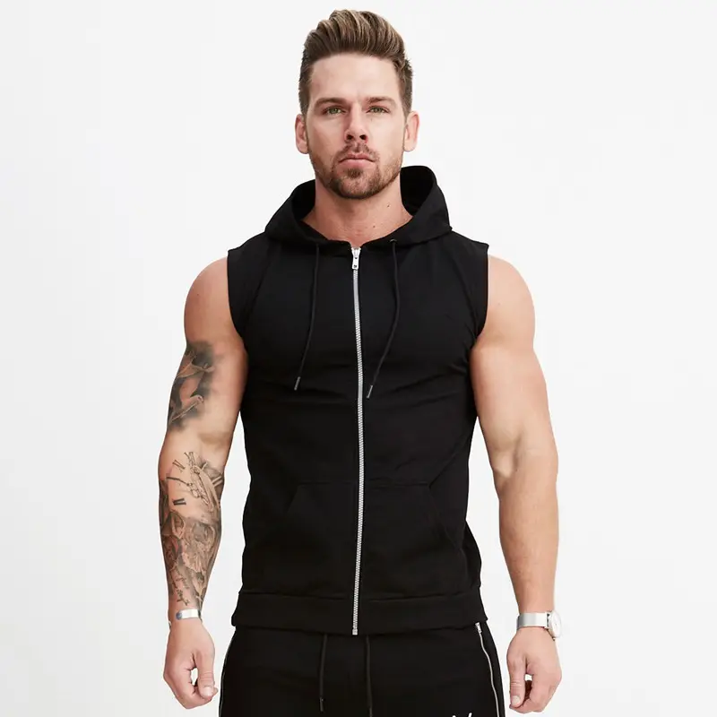Custom Logo Printing 2022 Streetwear Zipper Up Sleeveless Gym Hoodies For Men