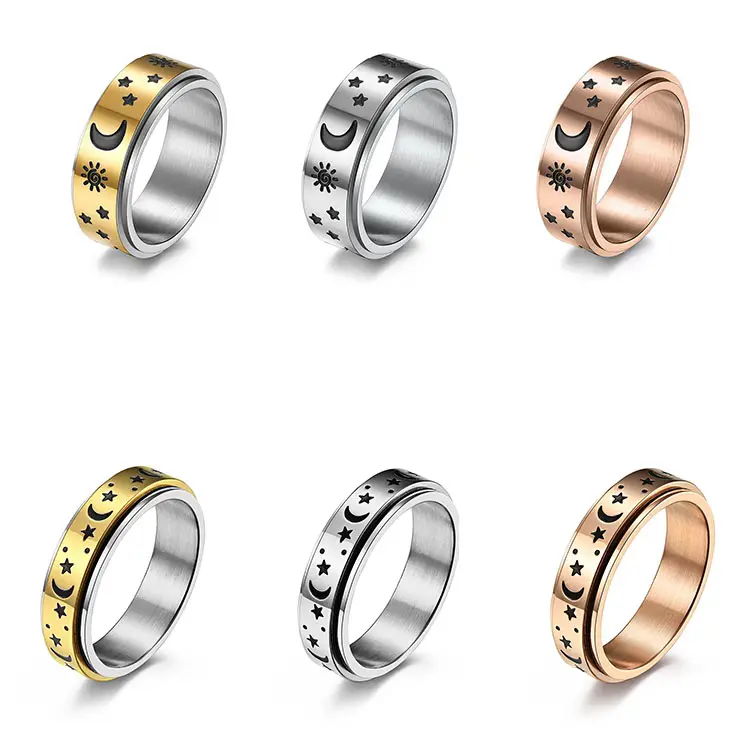 Bijoux de haute qualité pour hommes, bague spinner plaqué or 18K, en acier inoxydable, motifs lune et étoile, l'anxiété, nouveauté, 2021