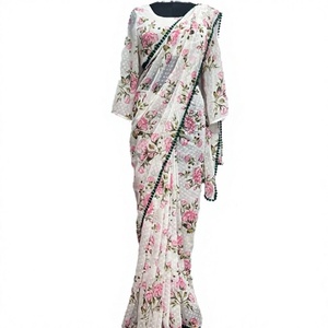 Sari en soie blanc élégant à imprimé floral numérique avec bordure verte pour les occasions de mariage, sari traditionnel pour femmes, longueur au sol - Product Image 3