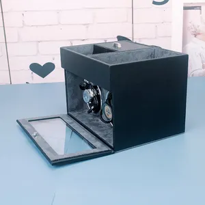 Boîte de rangement automatique de luxe noir, boîte de rangement de montre orbitale avec plateau de bureau