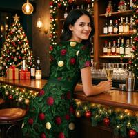 Robe Courte Femme de Noël à Col en V Imprimé Numérique 3D Motifs Pin et Boule, Écologique et Respirante, Taille Naturelle, Idéale pour les Fêtes