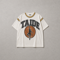 Produsen Pakaian TaiDe Custom Design 260GSM Ringer Tee Varsity dengan Kerah Rib Kontras, Lengan Bergaris, Cetak Grafis, Model Boxy, OEM ODM
