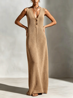 Damen Ärmelloses V-Ausschnitt Geripptes Strick-Maxikleid Halb-Knopfleiste Figurbetont Gestricktes Sexy Club-Kleid mit Aussparungen Langes Lässiges Strickwestenkleid