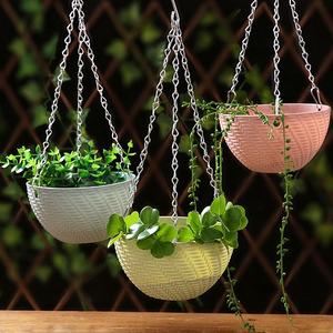 Bac à jardinage rond en rotin, plastique, 1 pièce, pour l'intérieur et l'extérieur, plantes de fleurs, avec chaîne métallique - Product Image 5