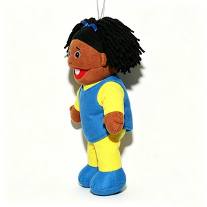 Marionnette à main en peluche personnalisée, fille à peau foncée, corps entier, bouche mobile, dreadlocks, cheveux bleus, nœud, accessoires d'anniversaire, doublure en maille - Product Image 2
