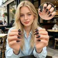 Lot de 24 faux ongles avec colle, base noire, paillettes florales, effet feuille, forme Stiletto, à presser, taille XL, pour femmes, fêtes, salons de manucure, DIY