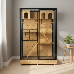 Handgemaakte milieuvriendelijke houten glazen vogelvolière, middelgrote papegaaienkooi met printdesign, modieus huisdiermeubilair - Product Image 1