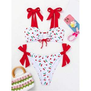 Ensemble de bikini personnalisé pour femme, imprimé cerises, maillot de bain deux pièces, dos croisé, lacets, extensible, spandex, nylon - Product Image 4