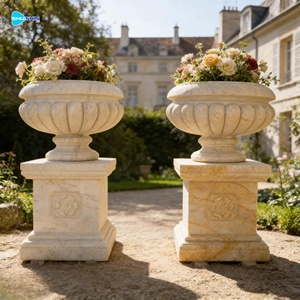 Jardinières décoratives en marbre blanc faites à la main pour villas européennes, avec base, pas chères - Product Image 1