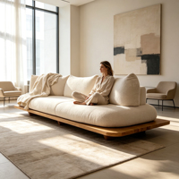 Sofa Platform Gaya Wabi Sabi Minimalis Jepang dengan Alas Kayu Solid, Sofa 3 Dudukan Berbahan Kain Teddy, Sofa Duduk Dalam untuk Ruang Tamu Rumah